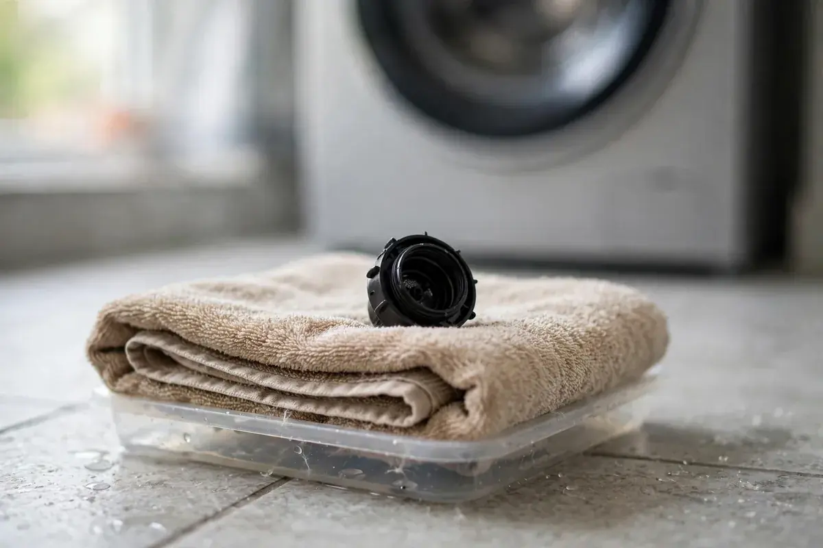 Washer pump filter and lint on a service towel beside a pulled-out front load washer